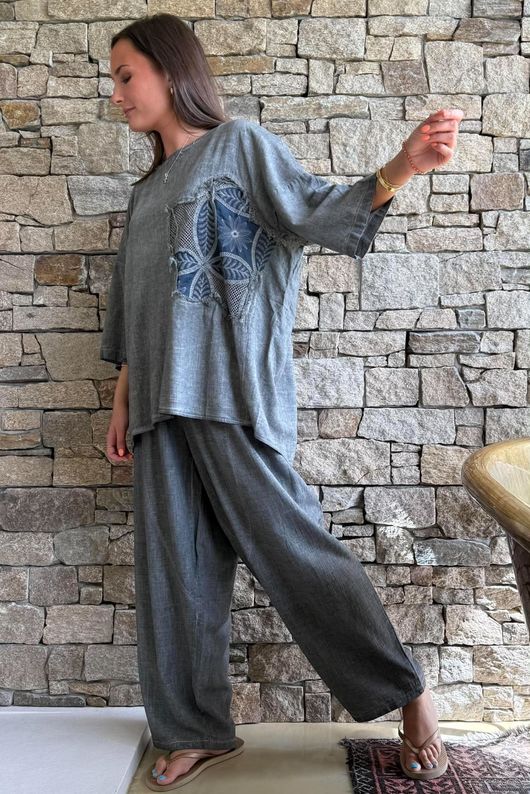 Lindin Linen Blend Crochet Flower Top Washed Charcoal